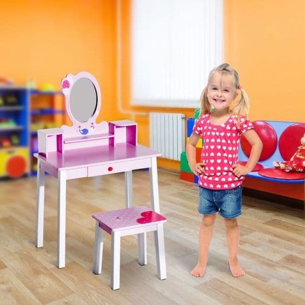 HomCom Toucador Infantil com Banco e Espelho Tipo Princesa 59x39x92cm