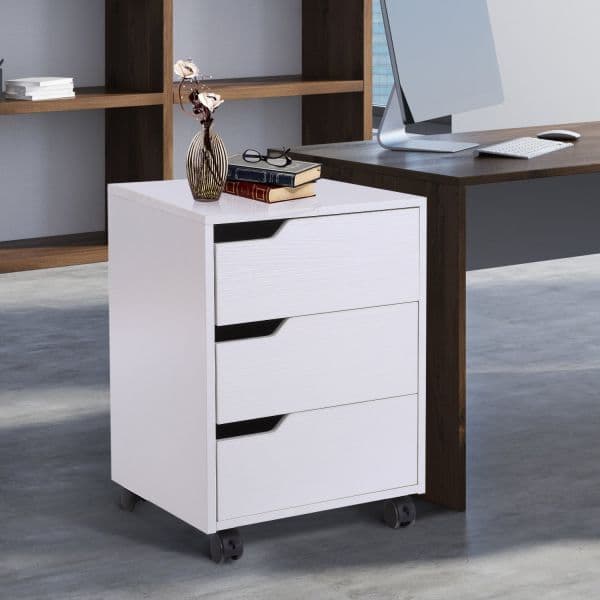 HomCom Bloco de Gavetas Arquivo Móvel p/ Escritório Madeira 3 Gavetas com Rodinhas (2 Delas com Travão) 40x50x57,5 cm Mdf - 836-048WT