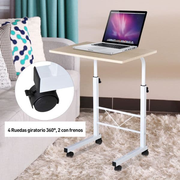 HomCom Mesa de Escritório Altura Ajustávelom Rodas Branco 60x40x68-78cm