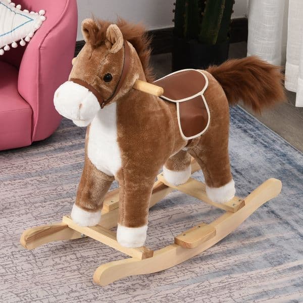 HomCom Cavalo Baloiço com Música Relinchos Sons de Galope Boca e Cauda Móveis 65x32,5x61 cm Castanho - 330-109BN