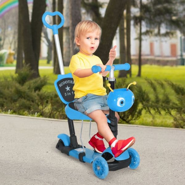 Homcom Trotinete 5 Em 1 com 3 Rodas Com Assento Removível Guiador Ajustável 62x25x72,5 Cm Azul