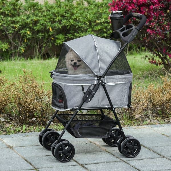 Pawhut Carrinho de Animal Dobrável Removível de Aço Tecido Oxford Rodas Giratórias Freios Janela Pequenos 67x45x96 cm Cinza