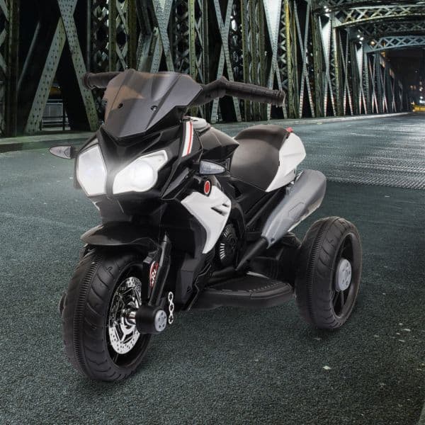 Homcom Motocicleta Elétrica 6V com 3 Rodas Buzina Música Faróis Preto e Branco