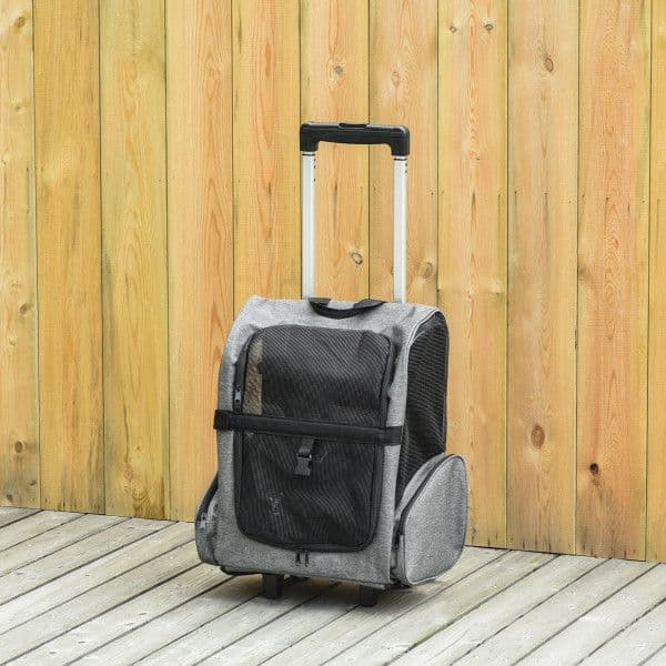 Pawhut Transportadora Carrinho 2 em 1 Mochila de Viagem com 2 Rodas com Alça Retrátil de Alumínio e Bolso de Armazenamento 42x25x55cm Cinza