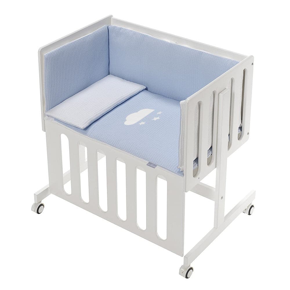 Berço Co Sleep Minana Em Branco Faia+Lençóis+Vestimenta+Colchão Viggo Azul Don Algodon
