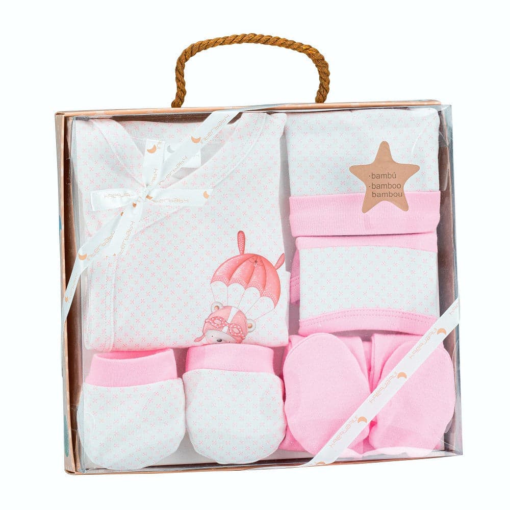 Conjunto 5 Pcs(Camisa+Calça+Luva+Babete+Meias)+Recém Nascidos(0 6 Meses) 100%Alg. Elefante Rosa Interbaby