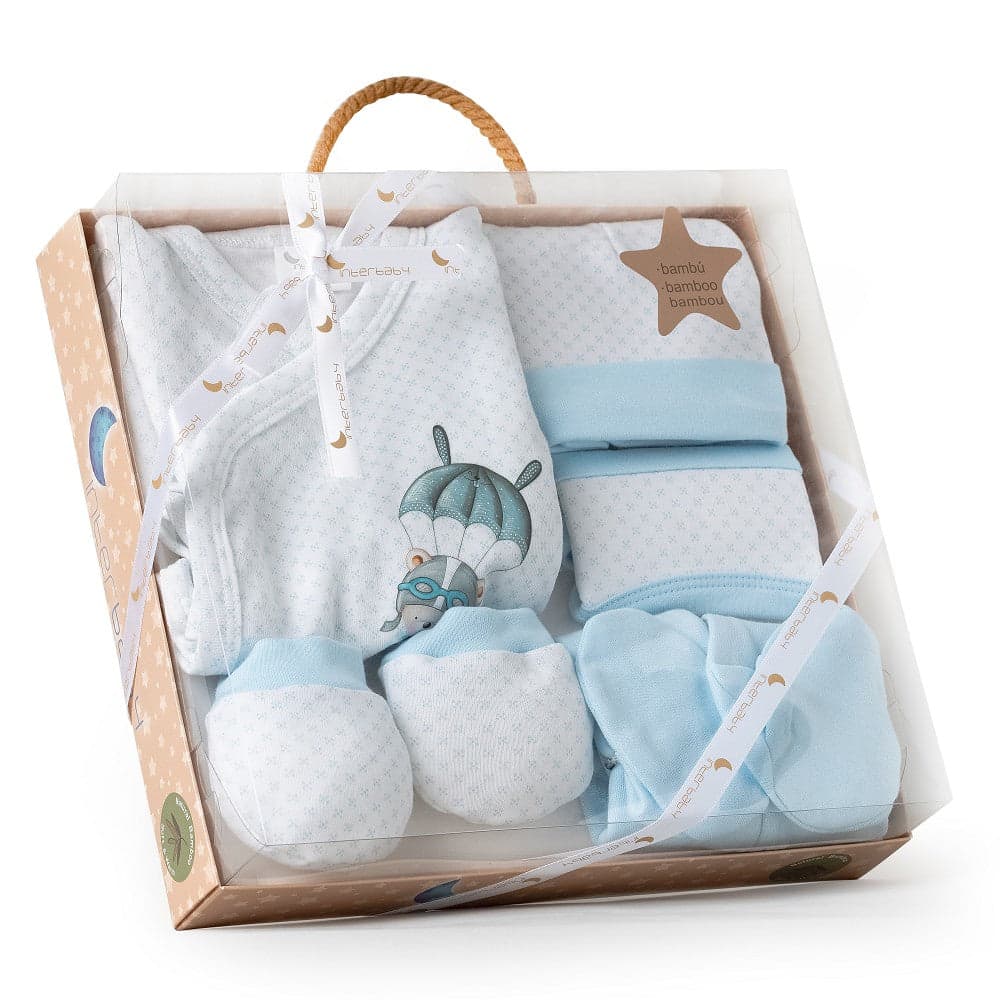 Conjunto 5 Pcs(Camisa+Calça+Luva+Babete+Meias)+Recém Nascidos(0 6 Meses) 100%Alg. Paracaidas Azul Interbaby