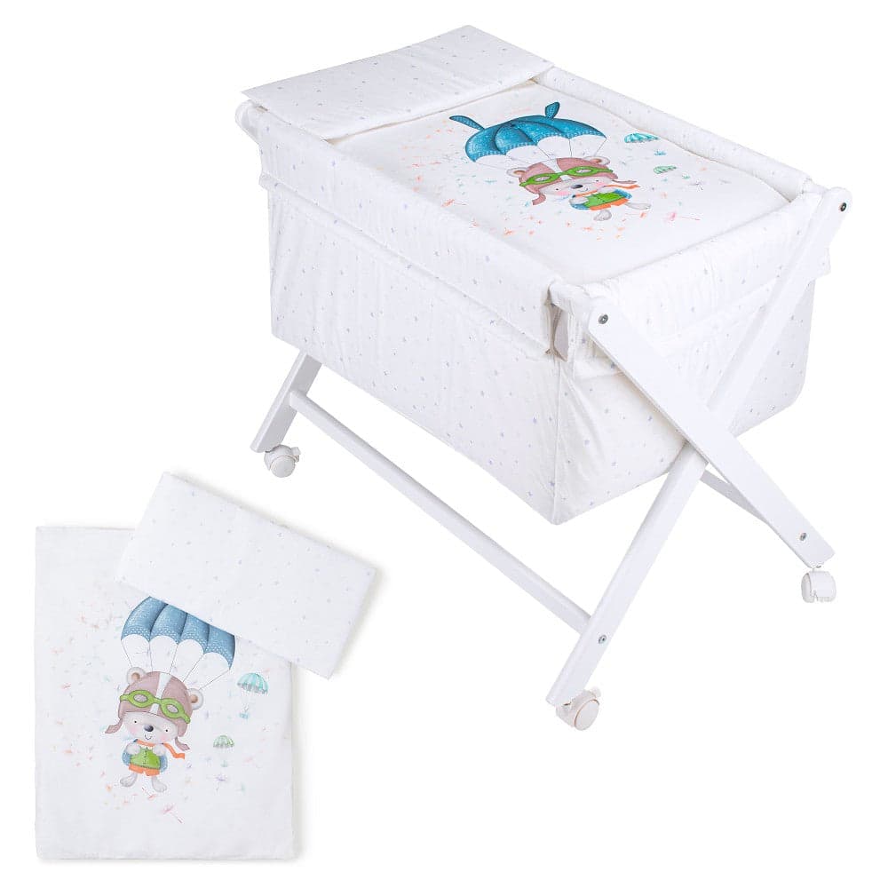 Berço Branco Faia+Lençóis+Vestimenta+Colchão Paraquedista Azul Interbaby