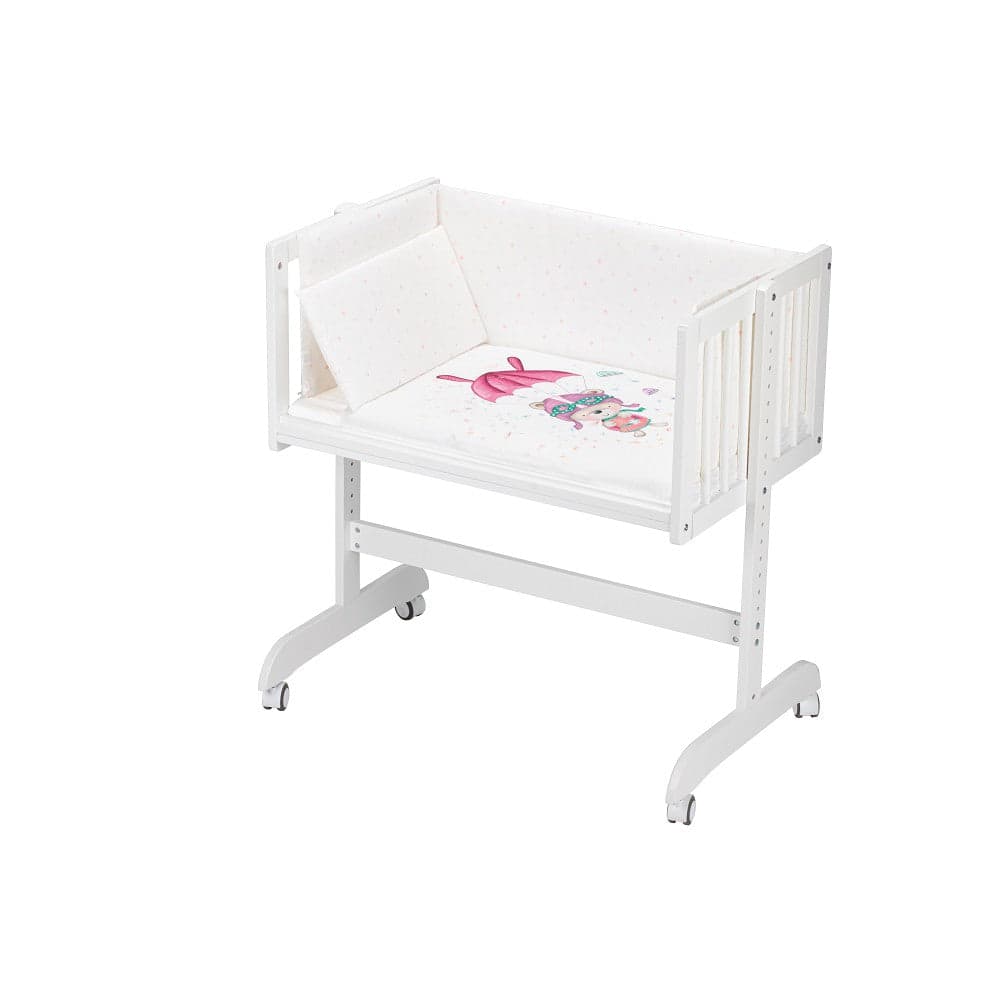 Berço Co Sleep Em Branco Minana Faia+Lençóis+Vestimenta+Colchão Paracaidas Rosa Interbaby