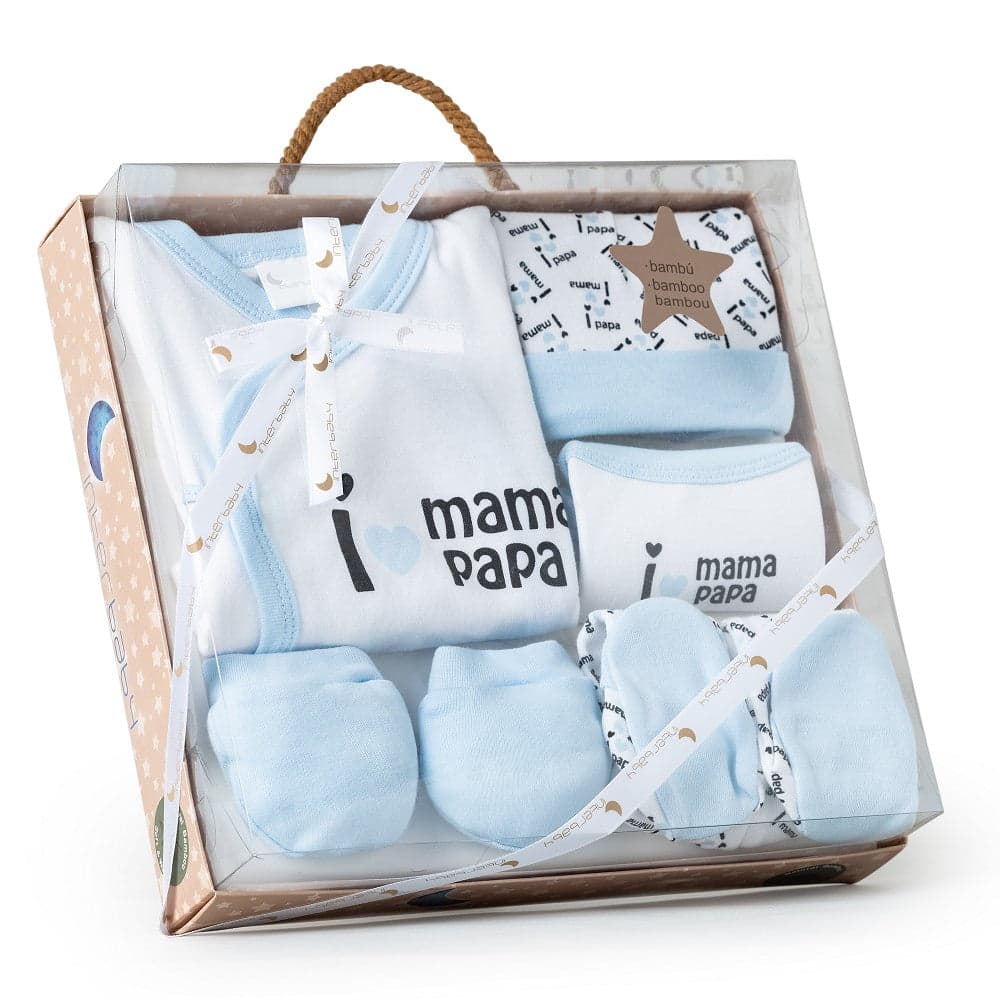 Conjunto 5 Pcs(Camisa+Calça+Luva+Babete+Meias)+Recém Nascidos(0 6 Meses) 100%Alg. Mama Papa Azul Interbaby
