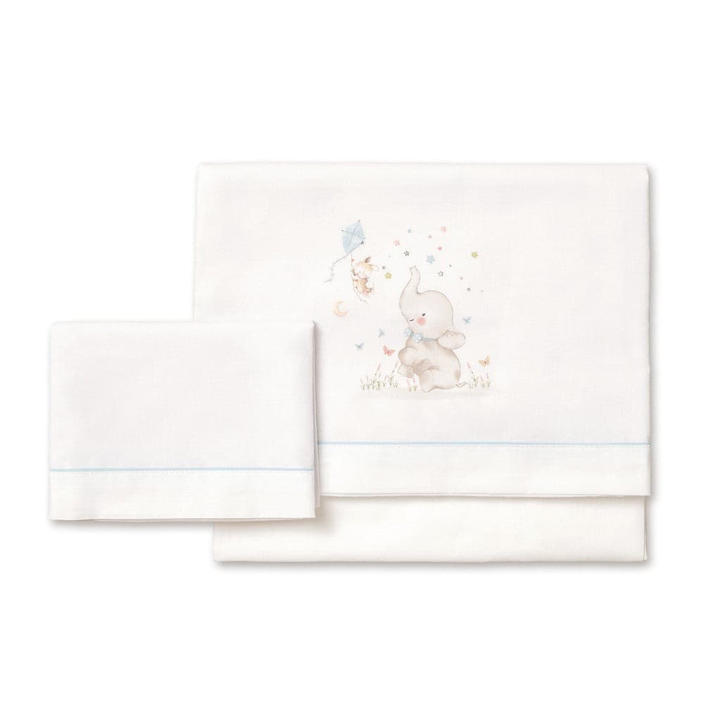 Jogo 3Pcs Berço(Lençol106X82+Lençol Colchão85X55X9+Almofada50X30+Chupetera)Algodão Elefante Azul Interbaby