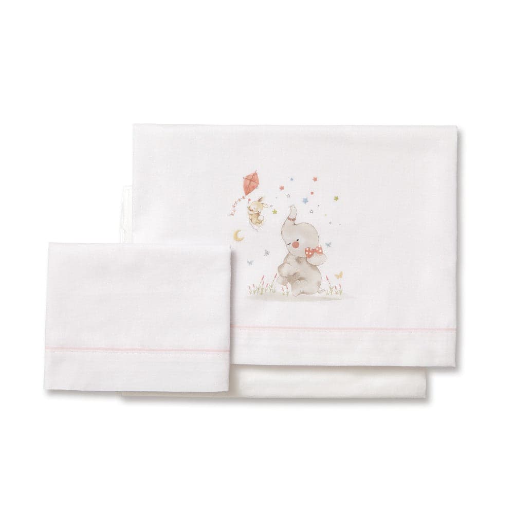 Jogo 3Pcs Berço(Lençol106X82+Lençol Colchão85X55X9+Almofada50X30+Chupetera)Algodão Elefante Rosa Interbaby