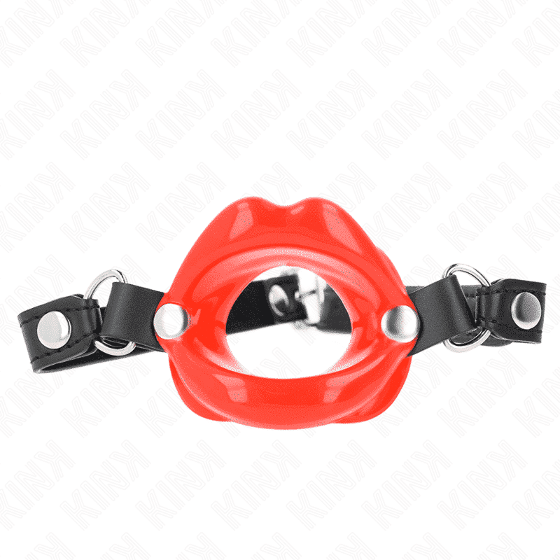 KINK – MORDAÇA LIP 8 CM COM ALÇA DE COURO VERMELHA 63 X 2 CM AJUSTÁVEL 39-58 CM