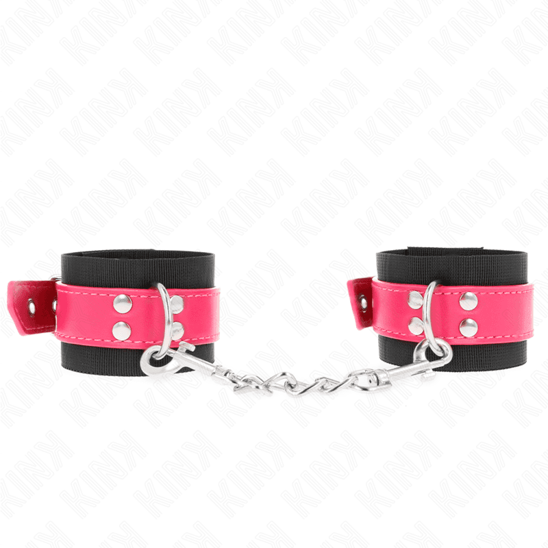 Kink Punhos de Nylon Preto com Cinto de Couro Raspberry Rose Ajustável 19-29 cm x 5,1 cm