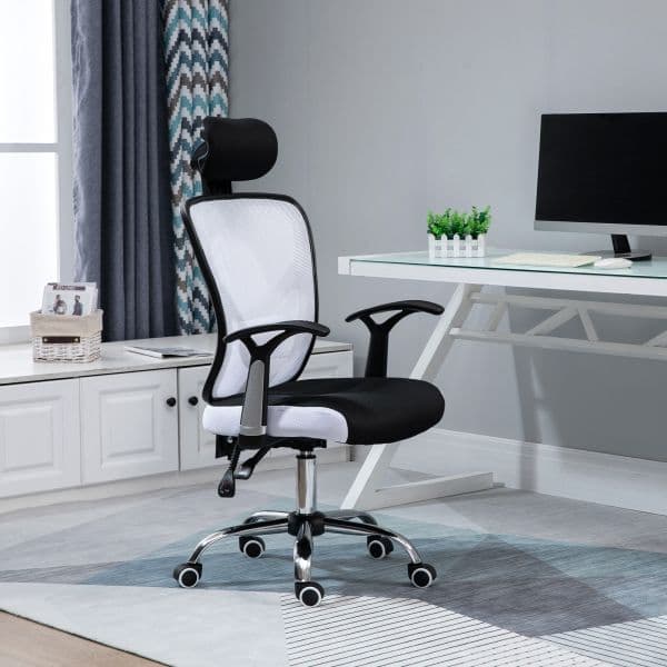 Vinsetto Cadeira Ergonómica Giratória Altura Ajustável Reclinável c/ Apoio p/ a Cabeça + Suporte Lombar 65x67x108-118cm Branco - 921-522WT