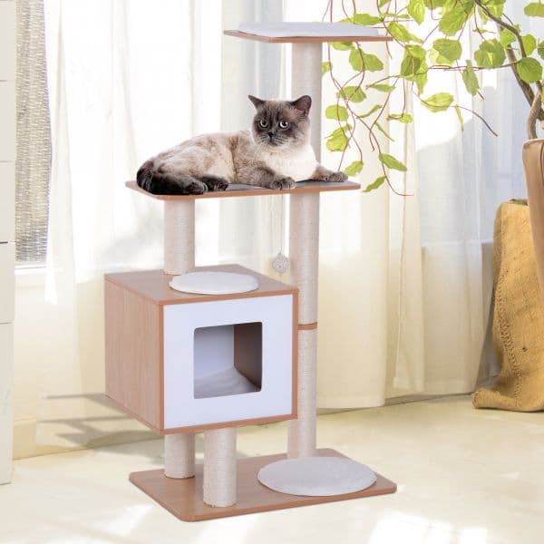 Pawhut Árvore Arranhadora de Madeira 71,5x49,5x120cm Torre com Caverna Plataformas Postes Arranhadores de Sisal Almofadas de Pelúcia Suave e Bolas Suspensas Natural