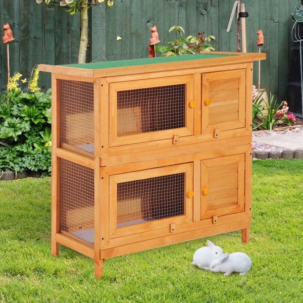 Pawhut Coelheira de Madeira Exterior de 2 Níveis Gaiola 1-2 Coelhos Pequenos com Teto Asfáltico Dobrável e 2 Bandejas Removíveis 90x45x90cm Madeira