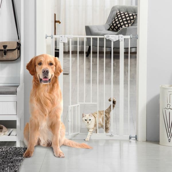 Pawhut Barreira de Segurança 74-100cm Escadas Portas e Corredores com Porta Fechamento Automático e Sistema de Duplo Bloqueio Altura 91,4cm Branco