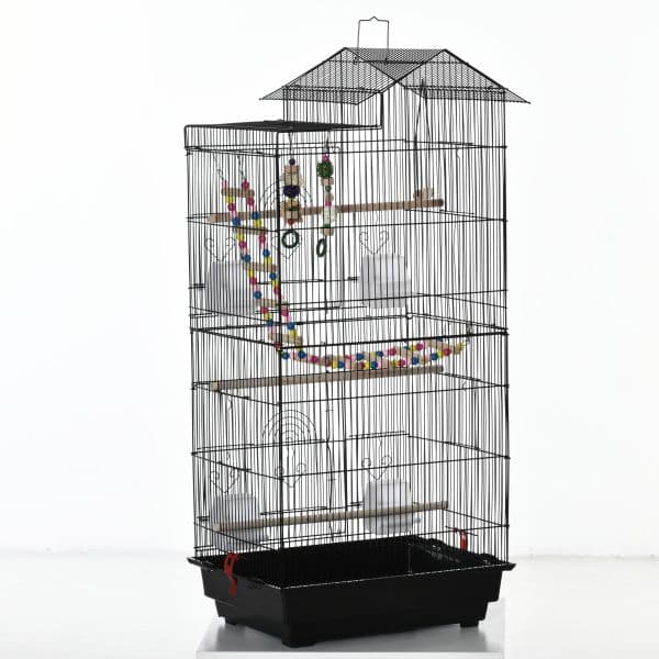 Pawhut Gaiola Passáros Gaiola de Metal com Múltiplas Portas 4 Comedouros 3 Poleiros Baloiço Escadas e Bandeja Removível Periquitos Canários 46x36x100cm Preto