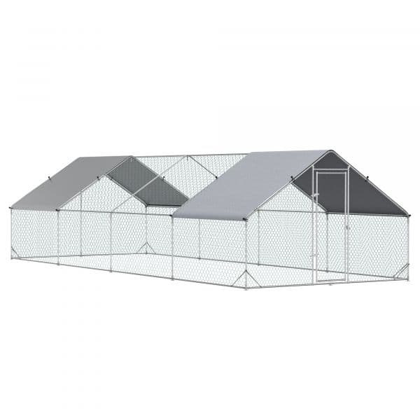 Pawhut Galinheiro de Exterior Grande 3x8x2m Gaiola 16-24 Galinhas de Aço Galvanizado com Teto de Pe e Fechadura Prata
