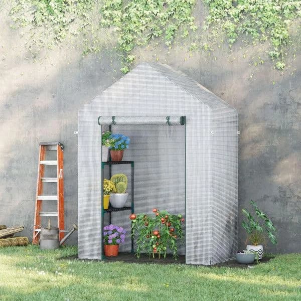 Outsunny Estufa de Jardim 143x73x195cm Estufa de Aço com 2 Prateleiras e Porta Enrolável Cultivos de Plantas Branco - 845-621