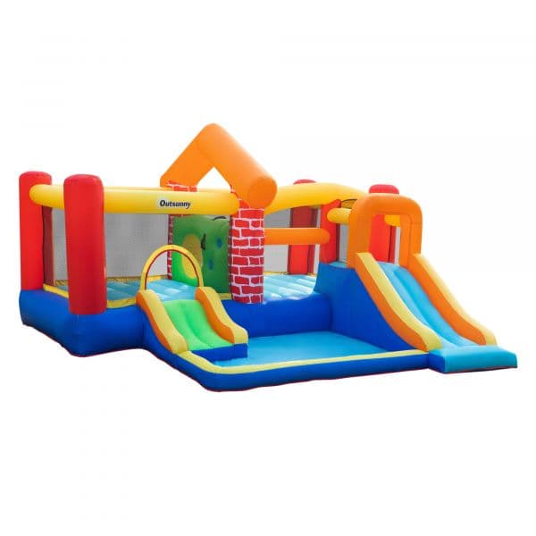Outsunny Castelo Insuflável com 2 Escorregas 2 Trampolins e Piscina Inclui Inflador e Bolsa de Transporte 380x370x230cm Multicor