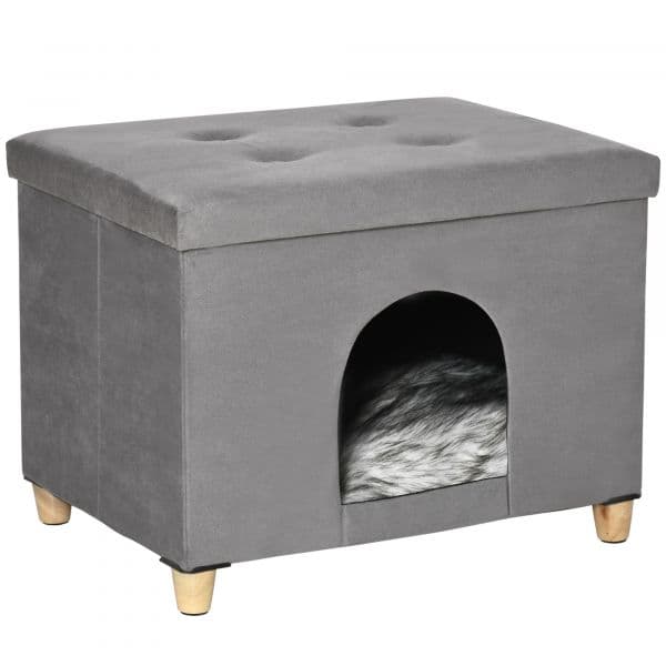 Pawhut Caverna Dobrável 2 em 1 Banco Apoio Dos Pés com Tampa Removível Orifício 60x45x44,5cm Cinza