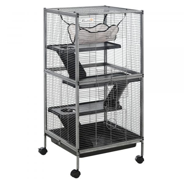 Pawhut Gaiola Roedores 52x52x113,5cm Gaiola Furões com Rodas 2 Portas 3 Rampas Rede Suspensa e Bandeja Cinza Prata