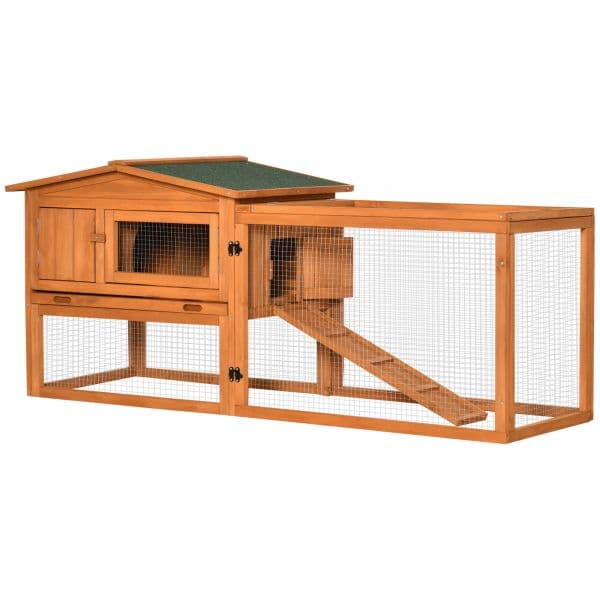 Pawhut Coelheira de Madeira Exterior Gaiola Coelhos de 2 Níveis com Teto Asfáltico 157,4x53x93,5cm Madeira Natural