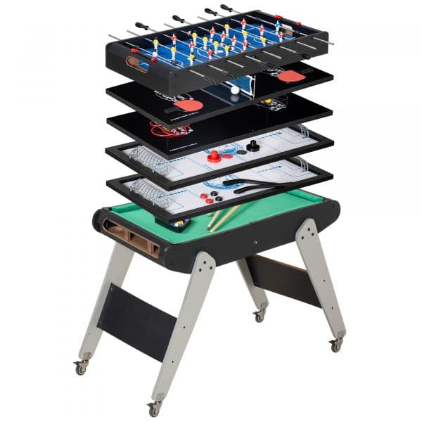 Homcom Mesa de Jogos 6 em 1 com Rodas Bilhar Matraquilho Ping Pong Lançamento de Anéis Hóquei no Gelo e Air Hóquei 120x88x79cm