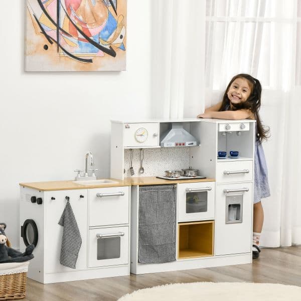 Homcom Cozinha Infantil de Madeira com Luz Sons Máquina de Café Frigorífico Lavatório Branca