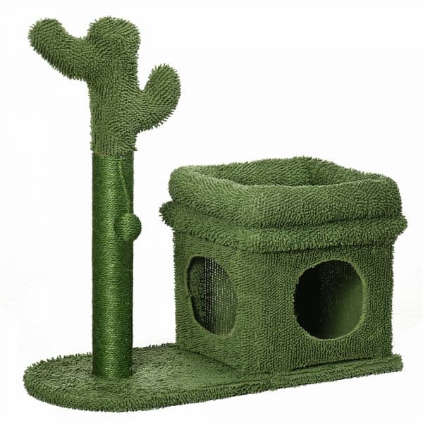 Pawhut Árvore Arranhador Desenho de Cacto com Cama Casa de Pelúcia Poste de Sisal e Bola Suspensa 68x30x67cm Verde