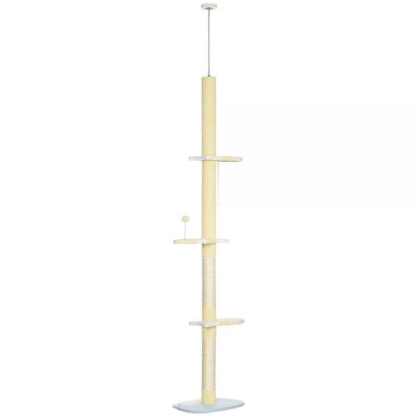Pawhut Árvore do Chão Ao Teto com Altura Ajustável 3 Plataformas Poste de Sisal e Bola Brincar 47x34x220-260cm Creme