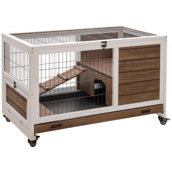Pawhut Coelheira de Madeira Gaiola de Pequenos Portátil com Teto Abatível Rampa Bandeja Removível 90x53x59cm Marrom