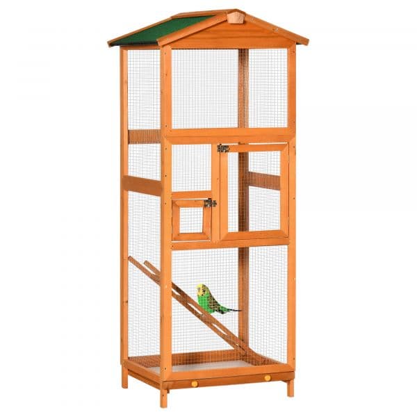 Pawhut Gaiola Pássaros Grande 68x63x165cm de Madeira de Abeto com 2 Portas Bandeja Amovível e Teto Asfáltico Madeira