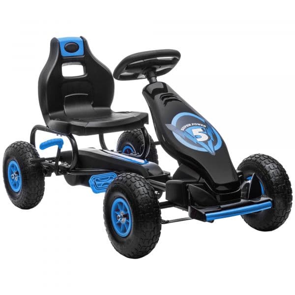 HomCom Kart Pedais Crianças 5-12 Anos Assento Ajustável Pneus Insufláveis Amortecimento Travão de Mão 121x58x61cm Azul