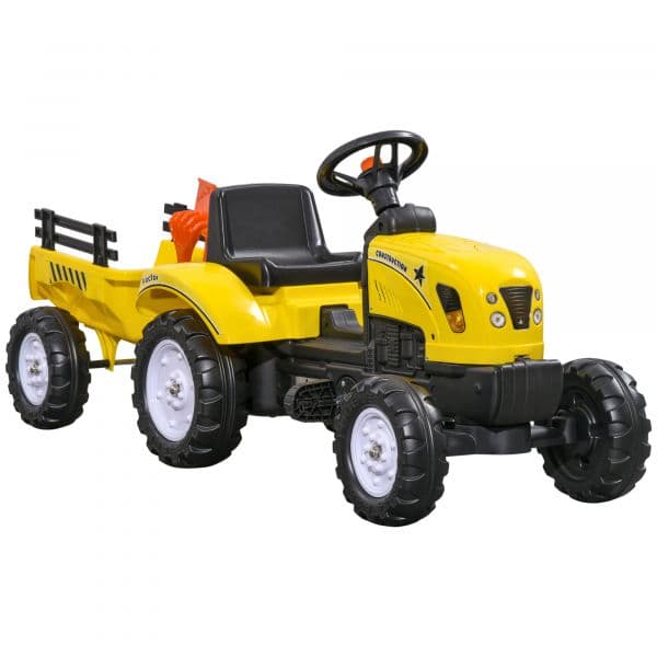 HomCom Trator a Pedais para Crianças Trator com Reboque de Pedais com Acessórios 133x42x51 cm Amarelo e Preto