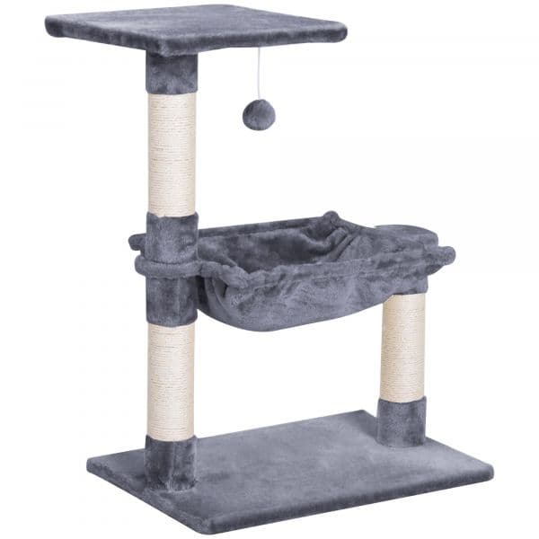 Pawhut Árvore Arranhador Torre 50x36x70 cm com Rede Plataforma Poste de Sisal e Bola Suspensa Cinza