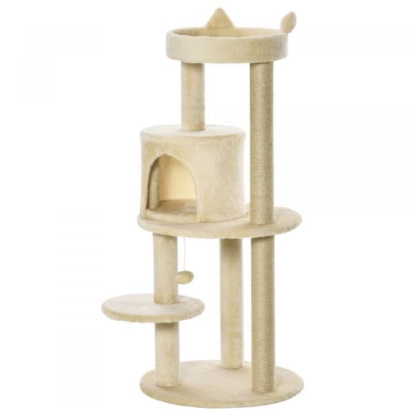 Pawhut Árvore Arranhador com Plataforma Caverna Postes de Sisal e Bola Suspensa 48x48x104 cm Bege
