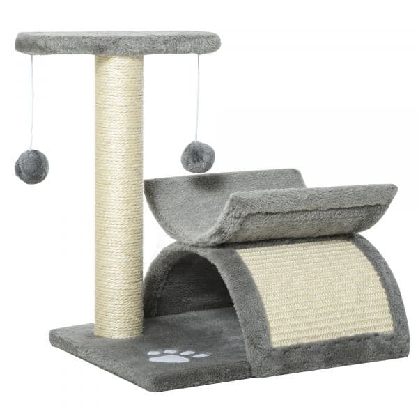 Pawhut Árvore Arranhador Pequena com Poste Giratório Bolas Suspensas Plataforma Curva e Esconderijo 40x30x43 cm Cinza