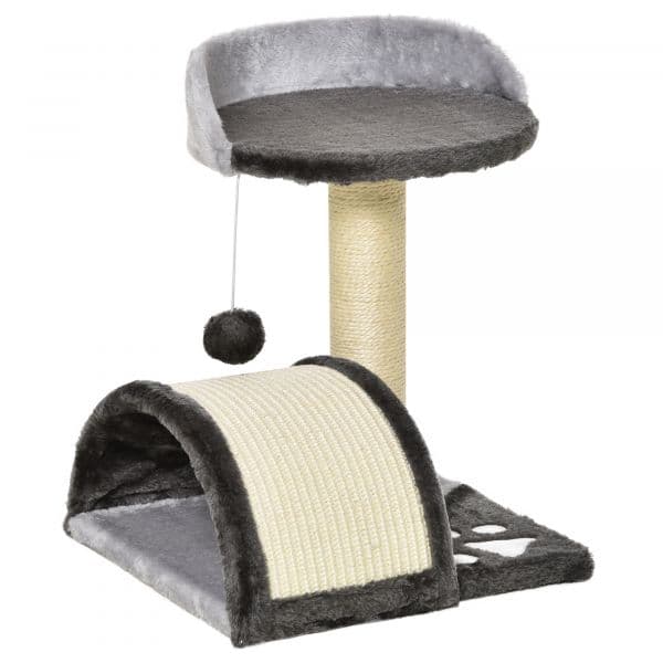 Pawhut Árvore Arranhador de 2 Níveis com Poste e Tapete de Arranhar Cama e Bola Suspensa 35,5x37x46 cm Cinza