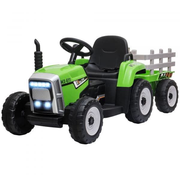 HomCom Trator Elétrico com Reboque Amovível com Controlo Remoto Música MP3 Luzes e Cinto de Segurança 136,5x50x52,5 cm Verde