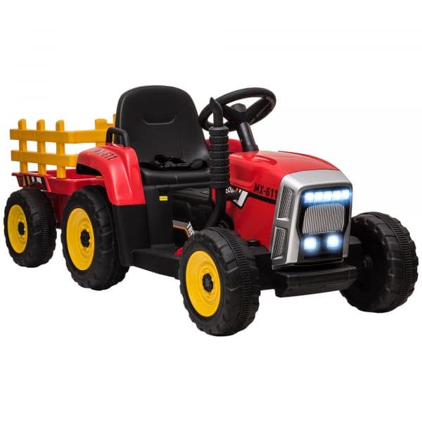 HomCom Trator Elétrico com Reboque Amovível com Controlo Remoto Música MP3 Luzes e Cinto de Segurança 136,5x50x52,5 cm Vermelho