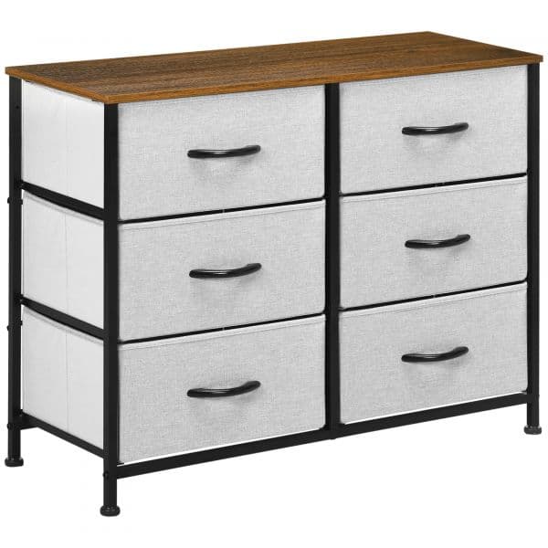 Homcom Cómoda Estilo Industrial Cómoda com 6 Gavetas de Tecido Dobrável com Pés com Almofadas Ajustáveis 80x30x62,5 cm Cinza e Castanho - 850-268V00GY