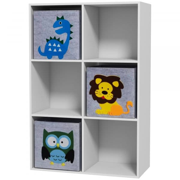 Zonekiz Estante para Brinquedos com 6 Compartimentos e 3 Caixas de Tecido Não Tecido e Desenho de Animais 61,8x29,9x91,5 cm Branco e Cinza - 311-064V80WT