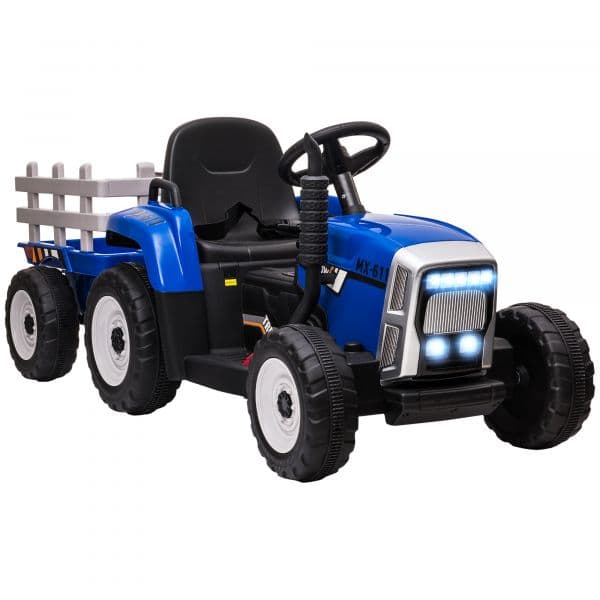 HomCom Trator Elétrico com Reboque Amovível com Controlo Remoto Música MP3 Luzes e Cinto de Segurança 136,5x50x52,5 cm Azul