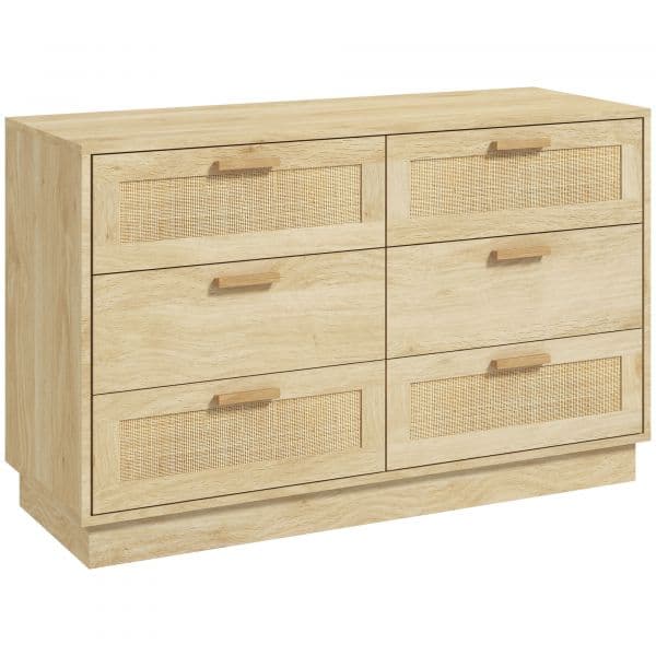 Homcom Cómoda para Quarto Cómoda de Madeira com 6 Gavetas de Vime Estilo Boêmio para Corredor Escritório 110x40x69 cm Carvalho - 831-738V00AK