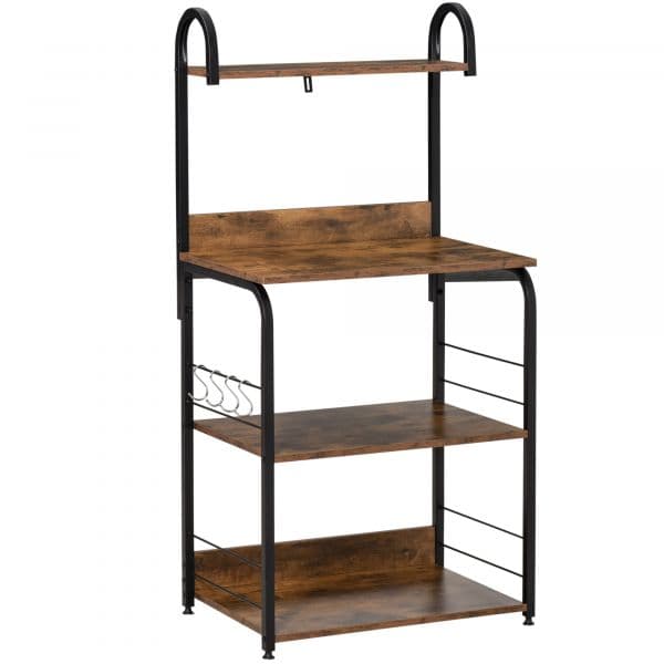 HomCom Estante de Cozinha Estante para Microondas com 4 Níveis Ganchos e Pés Ajustáveis Estante de Armazenamento 60x40x125 cm Castanho Rústico - 801-219