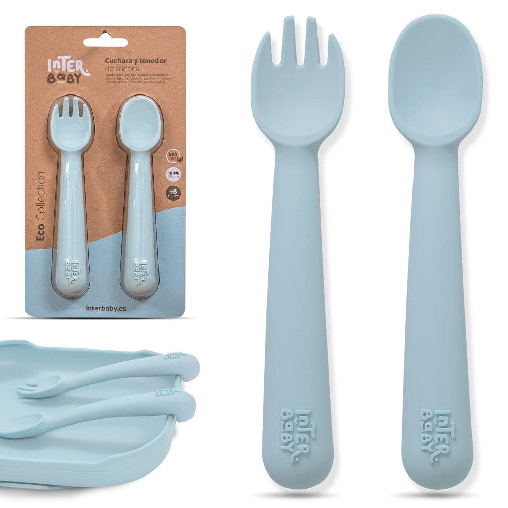 Colher E Garfo De Silicone Azul Cinzento Interbaby