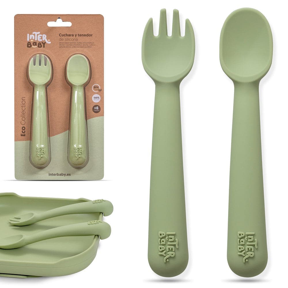 Colher E Garfo De Silicone Verde Oliva Interbaby